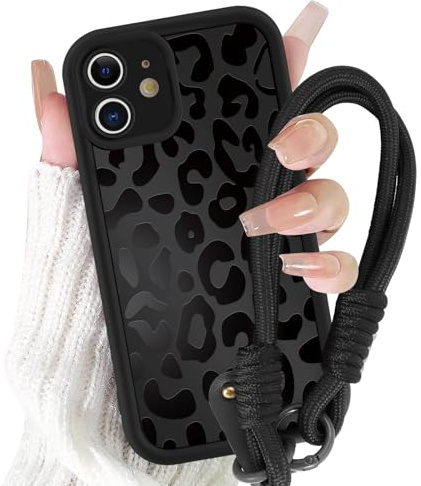 Yirlbey Klockfodral med snodd för iPhone 12 Mini 5,4 tum, mjukt silikonfodral med Aesthetic Svart Leopardmönster, stötsäkert fodral med axelrem kedja halsband iPhone 12 Mini, ko