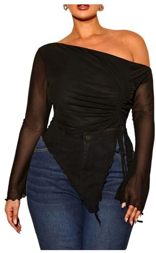 RoseSeek Women's Plus Size Sheer Mesh Off Shoulder Tops Long Sleeve Drawstring Asymmetrical Hem Ruched T Shirt Black Large Plus