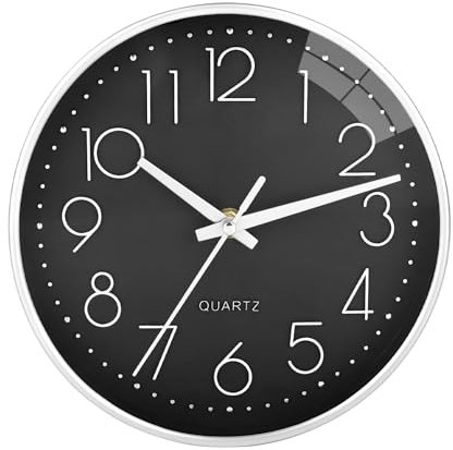 20CM Blanc Moderne Horloge Murale Silencieuse sans Tic-Tac, Horloge Murale Silencieuse pour Chambre, Salon, Cuisine, Bureau, Design Minimaliste de Noir