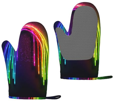 Silicone Oven Mitts 2 Pack Heat Resistant 450 Degrees Rainbow Neon Oven Gloves BBQ Gloves Waterproof Non-Slip Kitchen Mitts Potholders for Baking Cooking Barbecue