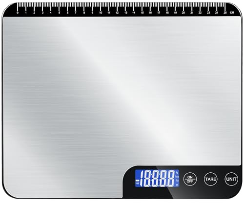 Küchenwaage Digital 20KG,Großer Wiegefläche Digitalwaage mit Lineal,Professionelle Electronische Waage,Edelstahl Haushaltswaage Lebensmittelwaage,LCD Anzeige,Tara Funktion,5 Einheiten,2AAA Batterien