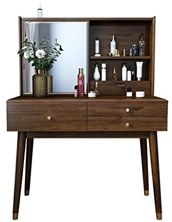Commode en Noyer Multifonctionnelle avec Miroir Coulissant, Table De Maquillage, Étagère De Rangement Ouverte De Grande Capacité avec 3 Tiroirs Et Boîte À Bijo,A-100cm