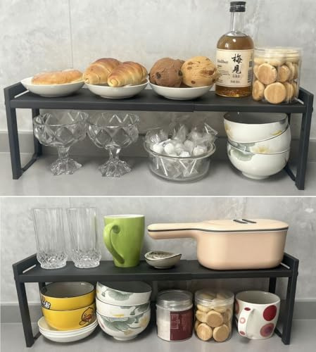 Urhomey plus 2 Pack Expandable Cabinet Shelf Organizer 16-26 L Stackable Kitchen Counter Shelves Rack Stand Sink Riser Countertop Storage Black (Narrow 5.1”D)
