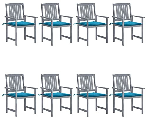 Mandloder Gartenstühle Holz Akazie Grau, 8er-Set mit blauen Kissen, robuste Outdoor Hochlehner für Garten und Terrasse, witterungsbeständig und komfortabel