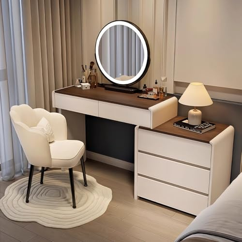 MJKCBD Schminktisch mit Beleuchtung, Frisiertisch Holz mit Walnuss-Tischplatte, Kosmetiktisch mit Stuhl, 5 Schubladen, Flexibler Seitenschrank, Ecke Vanity, L-Form ändern, Weiß,100 cm