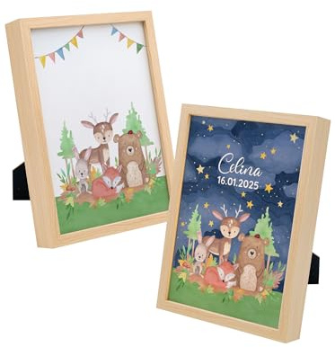 wunderwunsch magischer beleuchteter Bilderrahmen personalisiert, Geschenk Geburt, Geburtstagsgeschenk Baby, Kindergeburtstagsgeschenk mit individuellem Namen (Waldtiere, groß)