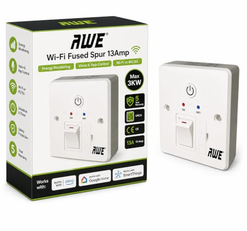 Awe Smart Wifi Fused 13A Timer Spur Save £££ Electric Heating, Immersers, Aga's, Towel Rails & Lighting | 5yr Warranty* | Alexa & Google Voice Control | Set Timers & Daily App Schedules