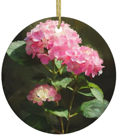 Christmas Ceramic Round Pendant Hanging - 2.9 in YYHHAOFA Pink Hydrangea Printed Decoration Smooth