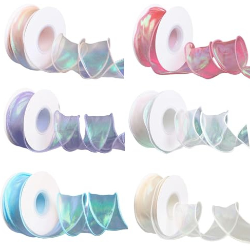 6 Rolls Organza Ribbon 4cm x 9m Gift Wrapping Ribbons in Assorted Colors Chiffon Ribbon Sash Glitter Fabric Snow Sheer Rainbow Organza Sash for DIY Crafting Bouquets Bows Wedding Celebrations