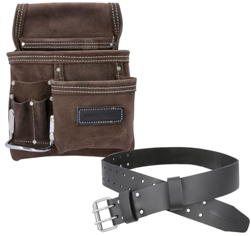 TOUGH MASTER Tool Belt Pouch, 3 Multi Pockets Suede Leather Nail Work, DIY Organiser for Builders, Carpenters, Gardeners, Electricians, Brown, 25 X 29cm, TM-318SP (With 1.4 M Leather Belt)