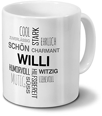 printplanet Tasse mit Namen Willi Positive Eigenschaften Tagcloud - Schwarz - Namenstasse, Kaffeebecher, Mug, Becher, Kaffeetasse