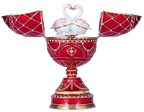 danila-souvenirs Fabergé-Stil Ei Spieluhr Schmuckkästchen mit zwei Schwänen 17 cm rot