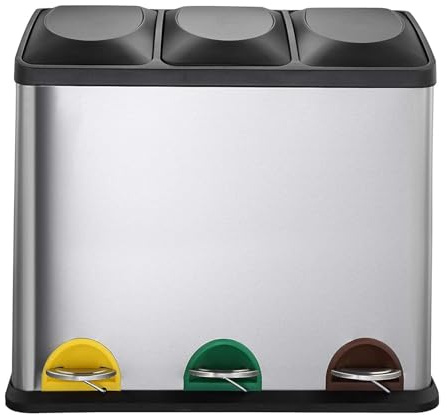 Kitchen Move BAT-947604 AS Triple Recyclage en Acier Inoxydable 45L avec 3 Compartiments (3 x 15L) pour Déchets Ménagers, Jardin, Cuisine Poubelle tri sélectif, Métal, 61x34xH49cm