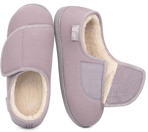 LongBay Women's Wide Fit Slippers Comfy and Cozy Memory Foam Indoor House Shoes for Diabetic Arthritis and Edema Grey,5