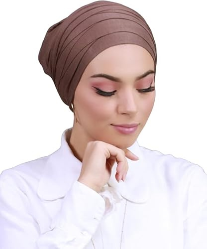 Lamis Hijab Turbante da donna pronto da indossare morbido ed elastico berretto frontale incrociato TU-2, marrone, taglia unica-M