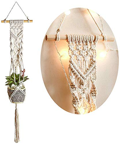 Wankd Makramee Garn Blumenampel Blumentopf Deko - Wand Deko Boho Blumenhänger Home Baumwollseil Pflanzen Halter Wanddekoration Hängeampel Aufhänger für Innen Außen (Weiß)