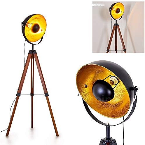 Stehlampe Jupiter, Stehleuchte aus Holz/Metall in Goldfarben/Braun/Schwarz, 1 x E27,Fußschalter am Kabel, verstellbare Stehleuchte mit anpassbaren Stellschrauben, ohne Leuchtmittel
