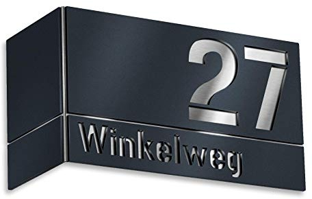 Metzler Eckhausnummer in Anthrazit (RAL 7016), individuelle Hausnummer aus V2A Edelstahl, rostfrei, gebürstet, 3D-Effekt, Hausnummernschild Eckmontage Links, Made in Germany, Größe: 35 x 15 x 20 cm