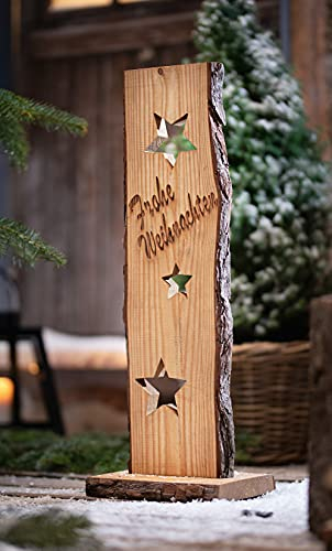 Dekoleidenschaft Holzsäule Frohe Weihnachten, 68 cm hoch, Dekoschild mit Stern-Ausstanzungen und eingebranntem Schriftzug, Dekosäule, Weihnachtsdeko, Eingangsdeko
