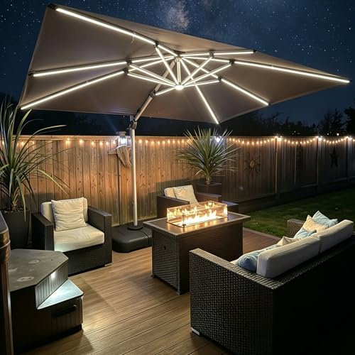 PURPLE LEAF Sonnenschirm Rechteckig 270 x 365 cm Ampelschirm mit LED Beleuchtung Marktschirm Groß 360°Rotation, Gartenschirm mit Kurbel, Balkonschirm XXL, Sonnenschutz UV50+,Grau