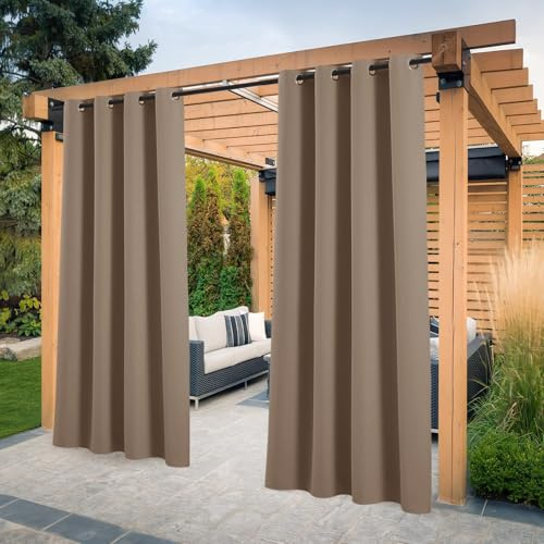PONY DANCE Tende Oscuranti da Esterno Impermeabile Anti-UV Curtains con Anelli per Verande Tenda da Sole per Esterno e Gazebo Idrorepellente 2 Pezzi L132 x A213 CM, Moca