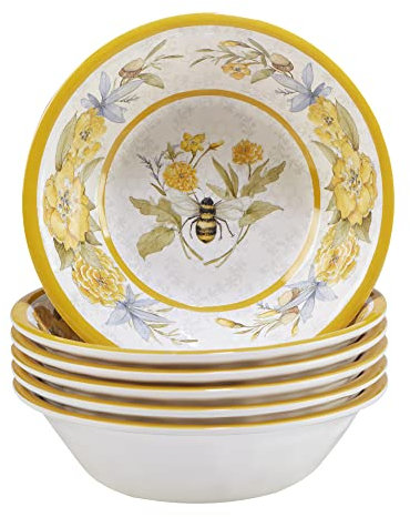 Bee Sweet 22 oz. Melamine All-Purpose Bowls, Set of 6 – Durable Shatterproof Bowls with Bee & Floral Design for Salads, Snacks, Cereal, Side Dishes & Outdoor Entertaining