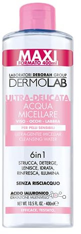 Dermolab - Acqua Micellare Struccante Viso, Occhi e Labbra con Acido Ialuronico ed Estratto di Camomilla, Ultra-Delicata 6-in-1, Idratante, Rinfrescante e Illuminante, Senza Risciacquo, 400 ml
