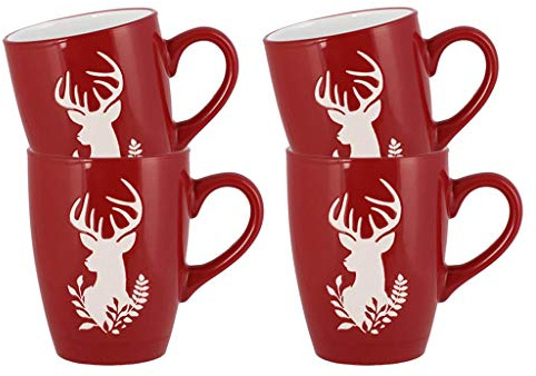 Dibor Tea/Coffee Mug Set of 4 - Red & White 300ml Reindeer Print Cups | Dishwasher Safe, Microwave Safe, Dinnerware Set, Hand Painted, Stoneware, Crockery