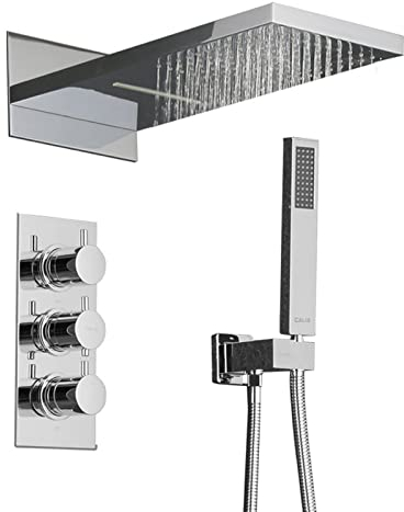 SWHC Duschsystem mit Thermostat, Wandhalterung Duschset Verdecktes Dusche Regendusche Set Duschgarnitur mit 304 Edelstahl Wasserfall Regendusche, Duschkopf mit 1.5m Schlauch,Silber