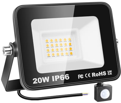 RIGIDON 20W Flood Light Outdoor Motion Sensor, Warm White Security Light | 4000K, PIR, 2000LM, Super Bright, IP66 Waterproof, Garden Wall Floodlight for Garage, Yard, Sports Ground, Patio