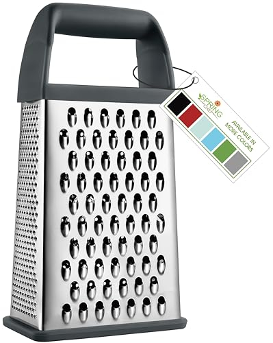 Spring Chef Professional Cheese Grater, Stainless Steel with Soft Grip Handle, 4 Sides, Handheld Kitchen Food Shredder Best Box Grater for Parmesan Cheese, Vegetables, Ginger, 10 Gray