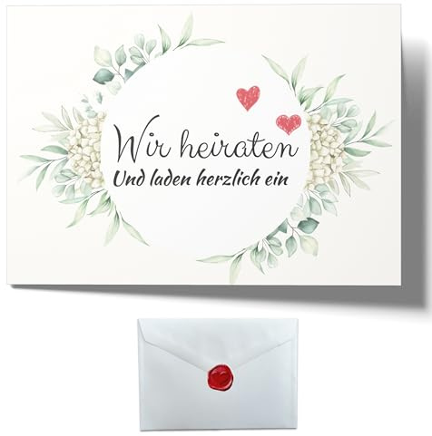 Laurea Verde 15 Einladungskarten Hochzeit mit Umschlägen und Stickern im Wax-Siegel-Design | Hochzeitseinladung Klapp-Karten DIN A6 10,5 x 14,8 cm im Boho-Design Hortensie