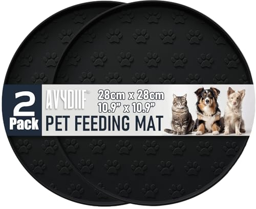AVYDIIF 2 stück Napfunterlage für Hund Katzen[28cm x 28cm], hundenapf unterlage fressnapf Hund Futtermatten aus Silikon wasserdichte rutschfeste Fressnapf mit Rand, Spülmaschinenfest (2 Schwarz)