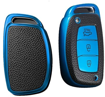 KUNIO Keyless Schlüsselhülle Passt für Hyundai Kona i10 i30 i20 ioniq Hybrid Tucson Santa Fe ix35 Mistra Schutzhülle TPU Leder-Textur Schlüsselgehäuse Schlüsselcover 3 Tasten C Blau