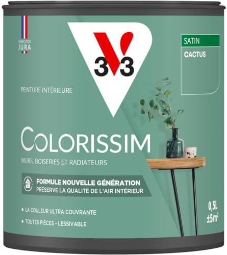 V33 Peinture multi-supports Colorissim® Cactus satin 0,5L | Peinture Murs Boiseries Radiateurs, Ultra-couvrant, Toutes pièces, Lessivale, Qualité de l'air intérieur, Couleurs intenses