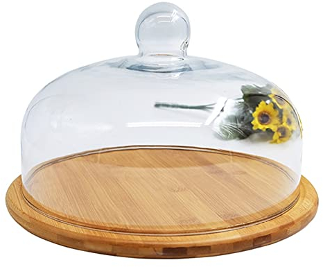 OQHAIR Cubiertas para Alimentos, Cubiertas para Salpicaduras, bandejas de Frutas, Paleta Acanalada de Madera y Cubierta de cúpula de Vidrio Servidor de Alimentos para Fiestas, Camping, po