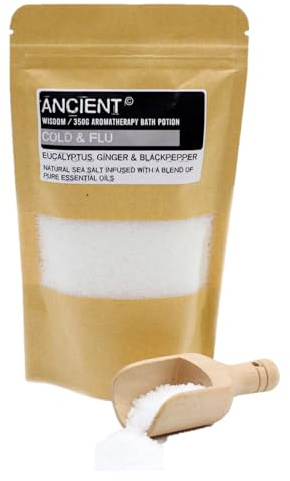 Cold & Flu Natural Sea Salt & Pure Essential Oils. Soothing Aromatherapy Bath Salt, Deep Soak, Muscle Relief Potion: 350g Resealable Pouch - Eucalyptus, Ginger & Blackpepper