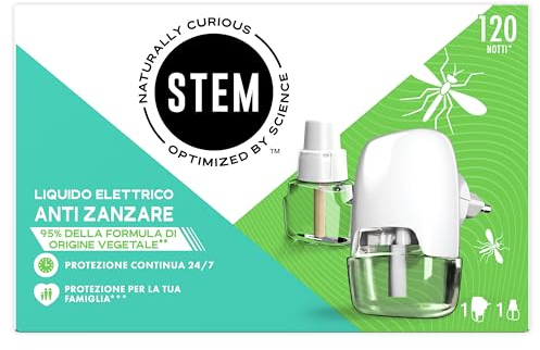 STEM Liquido Elettrico Antizanzare, 95% Formula di Origine vegetale*, Protezione da Zanzare Comuni e Tigre, Confezione da 1 Diffusore e 2 Ricariche 36ml, 120 Notti