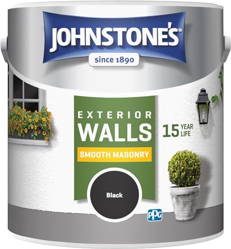 Johnstone’s – Exterior Smooth Masonry Paint – Black – Up to 15 Years Protection – Weather & Dirt Resistant – 30m² Coverage Per Tin - Dry in 1-2 Hours – 2.5 L | Brick, Concrete, Patio & Walls, 15 Years Protection, Weather & Dirt Resistant, 1-2 Hour Dry Time, 30m2 Coverage Per Tin