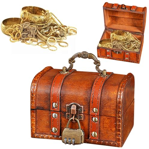 LPAMABA Vintage Holz Schatztruhe Schatzkiste Holz mit Schloss Holztruhe Piratenkiste Piratenschatztruhe Schatztruhe Kinder Lagerung Schmuckkästchen fürAufbewahren und Dekorieren, 14 x 10 x 10 cm