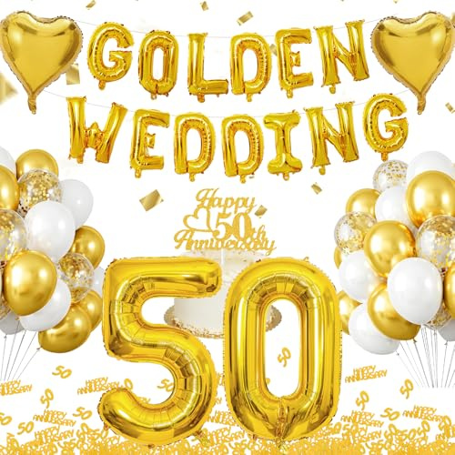 WINFLUENCE Goldene Hochzeit Deko Set: 50. Hochzeit, Gold, 21 latex Ballons, 1 '50' Folienballon, 1 Pack Konfetti, 1 Banner, 1 Cake Topper, 2 Herz Folienballons