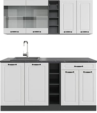 Vicco Singleküche R-Line, Weiß Landhaus/Anthrazit, 160 cm | 6 Module · Höhenverstellbare Füße · AP Anthrazit inkl. · MDF-Fronten · Mit offenen Regalen · Frei kombinierbar