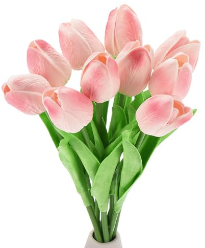 QUARKZMAN 15pz Tulipani Artificiali, Fiori Artificiali Steli di Tulipano Finti Al Tocco Reale per Bouquet da Sposa Centrotavola Decorazione Tavolo Festa (Pesca Rosa)