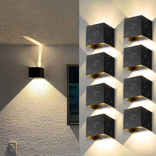 YICALE 8 Piezas Aplique Pared Exterior/Interior,12W 3000K Luz Cálido Lampara Exterior Pared Impermeable IP65 Ángulo Ajustable Apliques Pared Exterior Negro para Dormitorio,Balcón,Jardín,Patio,Porche