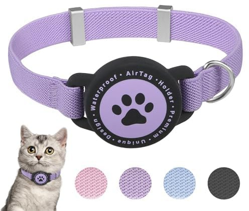 Airtag Katzenhalsband, Dehnbares Katzenhalsband mit Apple Air Tag Halterung | Leicht und Bequem, Ultra Elastische GPS Katzenhalsbänder für Katzen, Kätzchen und Welpen (Lila)