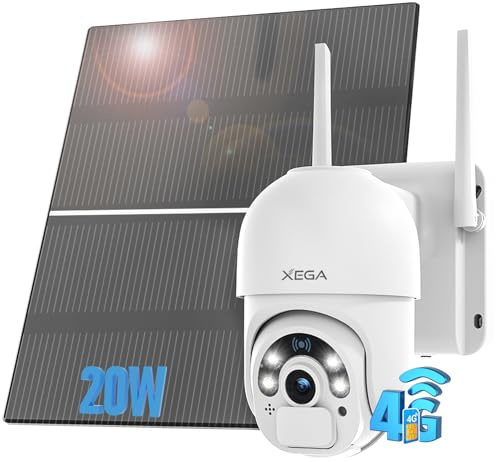 Xega 4G LTE Security Camera with 20W Solar Panel 20,000mAh Battery SIM Card - [24/7 Record] Solar Powered Security Camera Outdoor Wireless, 2K HD Color Night Vision CCTV,PIR Motion Detection(No WiFi)