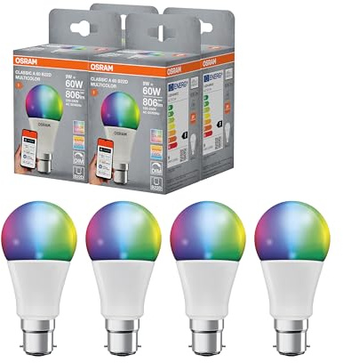 Osram SMART+ RGBW, B22d LED-Lampe mit Matter over Wifi, speziell entwickelt für ALEXA - einfache Einrichtung per Klick, 60W-Ersatz, warmweiß bis kaltweiß(2700-6500K), 16 Mio RGB Farben, 4er-Pack | LED-Lampen, 60,00 Millimeter Durchmesser, 4 Stück