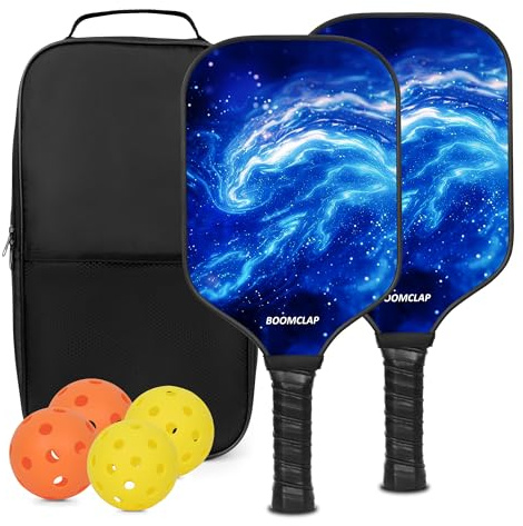 BOOMCLAP Pickleball paddlar set med 2 – glasfiberyta, komplett med 2 racketar, 4 bollar och bärbar bärväska – perfekt för män och kvinnor