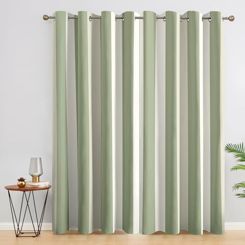 Striped Curtains, Sage Green and White Blackout Curtains for Bedroom Living Room, 66x90 Inch Drapes, Eyelet Thermal Curtains, Window Treatments, 2 Panels