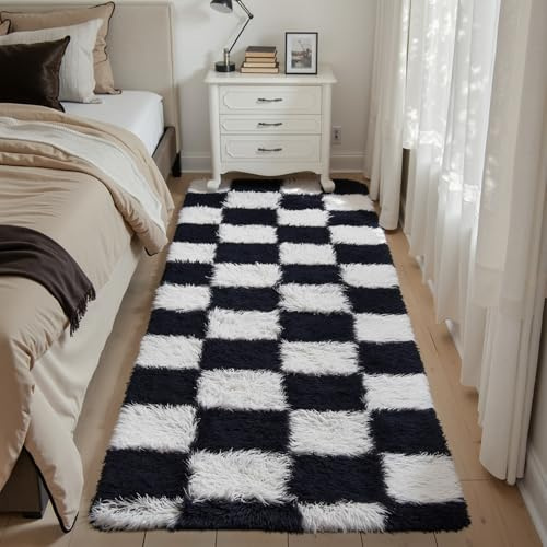 HUGEAR Kariert Flauschig Läufer Flur Teppich 60x180 Teppiche Schwarz Weiß Shaggy rutschfest Kinderzimmer Mädchen Junge Carpet Bettvorleger Schlafzimmer Hochflor Weich Langer Carpets